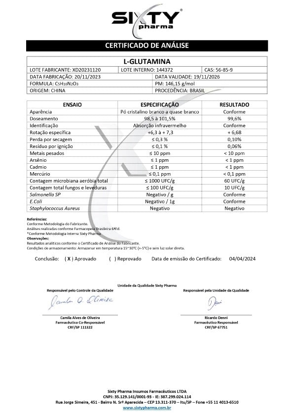 Glutamina Grau Farmacêutico 99,6% laudada 300g - imagem 2